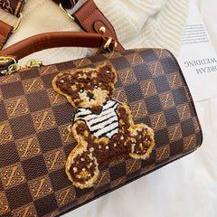 Plaid PU Leather Bear Handbag for Women