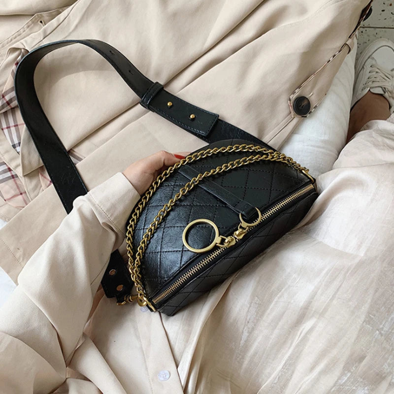 PU Leather Waist Pack Belt Bag for Women Ladies Shoulder Bag Chain Decoration