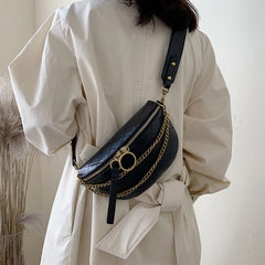 PU Leather Waist Pack Belt Bag for Women Ladies Shoulder Bag Chain Decoration