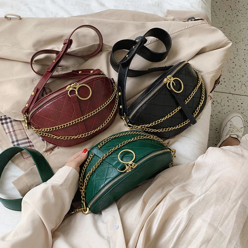 PU Leather Waist Pack Belt Bag for Women Ladies Shoulder Bag Chain Decoration