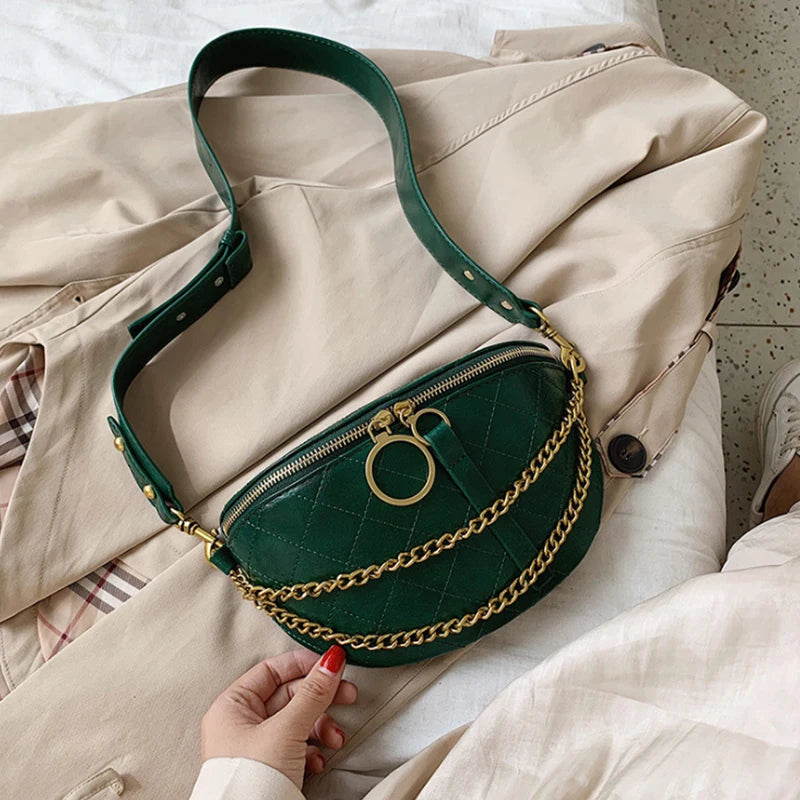 PU Leather Waist Pack Belt Bag for Women Ladies Shoulder Bag Chain Decoration