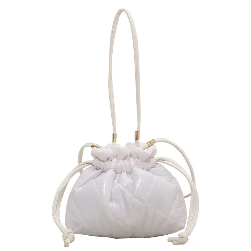 Quilted Pu Leather Bucket Shoulder Bag Winter Women Small Handbag