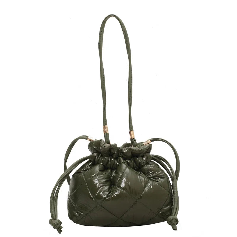 Quilted Pu Leather Bucket Shoulder Bag Winter Women Small Handbag