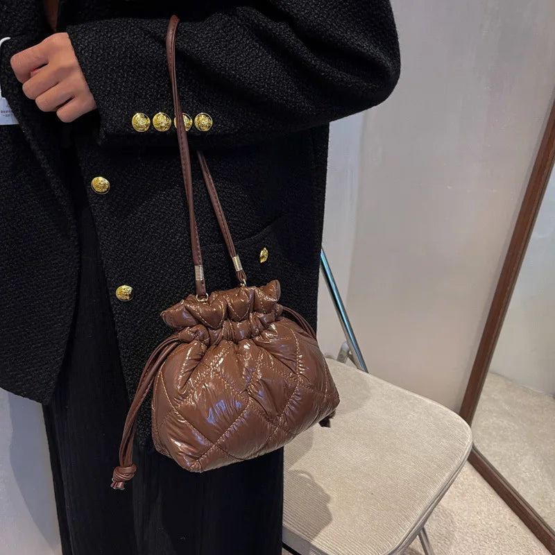 Quilted Pu Leather Bucket Shoulder Bag Winter Women Small Handbag