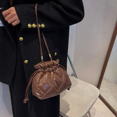 Quilted Pu Leather Bucket Shoulder Bag Winter Women Small Handbag