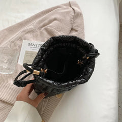 Quilted Pu Leather Bucket Shoulder Bag Winter Women Small Handbag