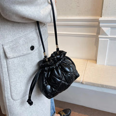 Quilted Pu Leather Bucket Shoulder Bag Winter Women Small Handbag