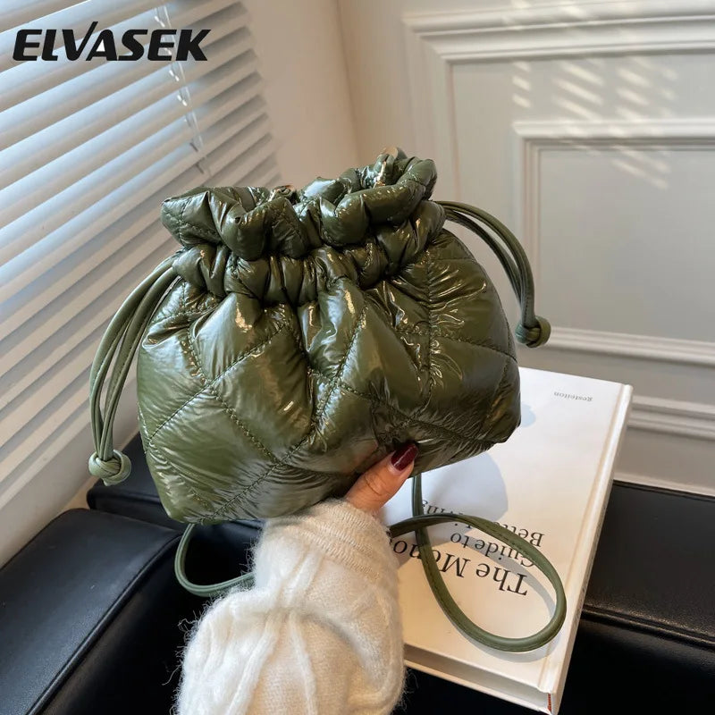 Quilted Pu Leather Bucket Shoulder Bag Winter Women Small Handbag