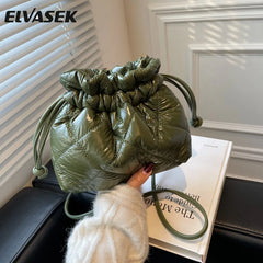 Quilted Pu Leather Bucket Shoulder Bag Winter Women Small Handbag