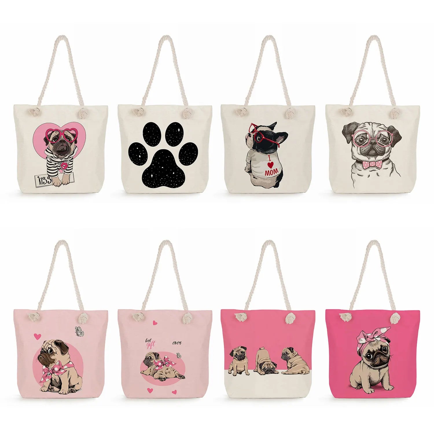 Pug Cartoon Print Lady Tote Bag High Capacity Summer Shoulder Handbag
