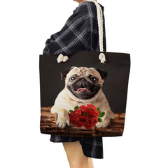 Pug Dog Print Shopping Bag Animal Graphic Polyester Fabric Shoulder Bag