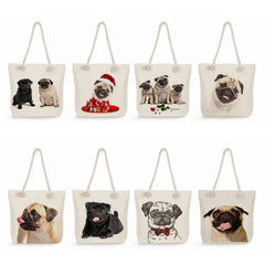 Pug Dog Print Shopping Bag Animal Graphic Polyester Fabric Shoulder Bag