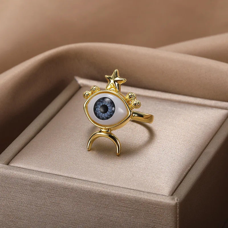 Punk Gothic Enamel Evil Eye Shape Ring Moon Star Hand Heart Eyes Rings Hiphop