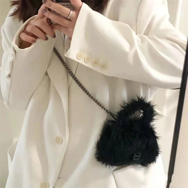 Punk Plush Shoulder Crossbody Bag Female Chain Handbags Small Purse