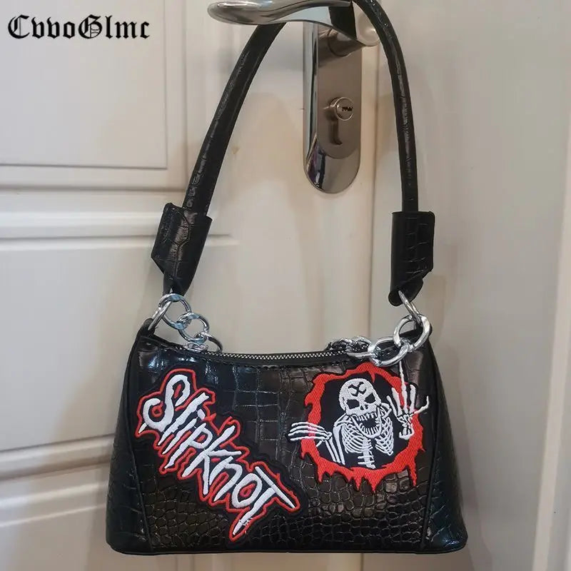 Punk Solid PU Leather Shoulder Bags For Women Skull Chain Handbags
