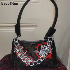 Punk Solid PU Leather Shoulder Bags For Women Skull Chain Handbags