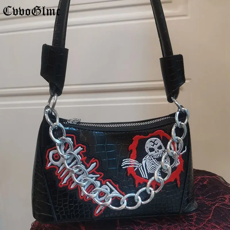 Punk Solid PU Leather Shoulder Bags For Women Skull Chain Handbags