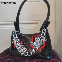 Punk Solid PU Leather Shoulder Bags For Women Skull Chain Handbags