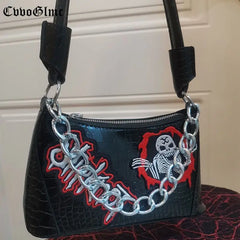 Punk Solid PU Leather Shoulder Bags For Women Skull Chain Handbags