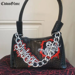 Punk Solid PU Leather Shoulder Bags For Women Skull Chain Handbags