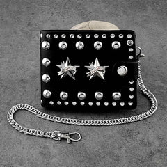 Punk Studded Star Leather Mens Wallet with Safe Chain