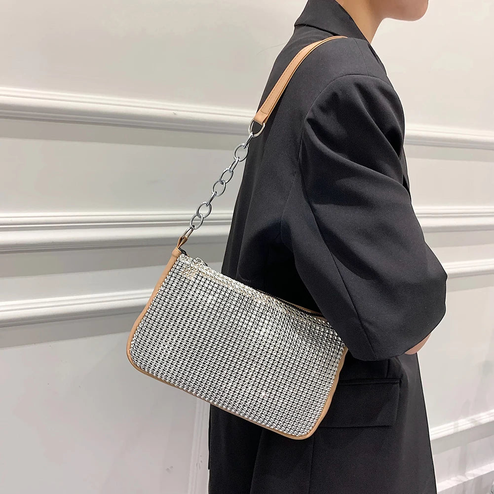 Silver Diamonds Tote Bag Rhinestone Shoulder Clutch Handbag