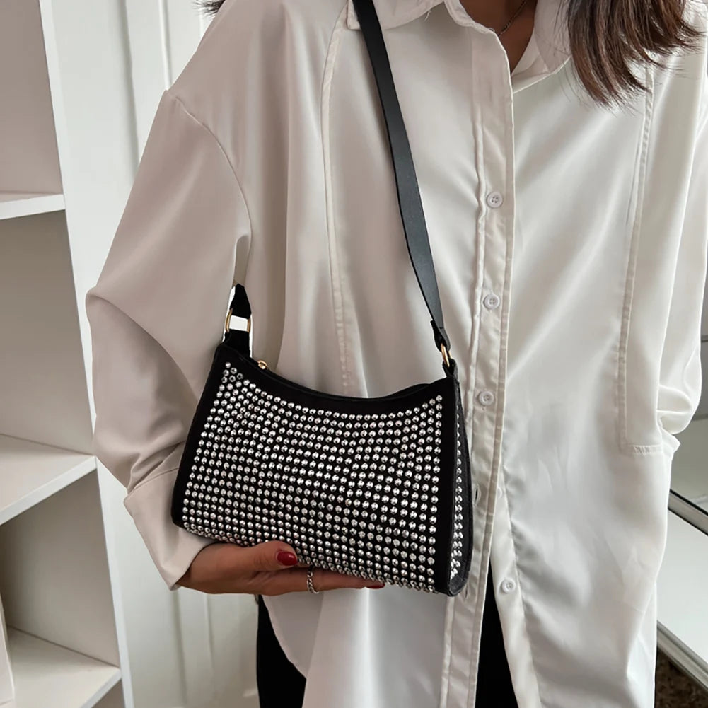 Punk Style Silver Diamonds Tote Bag Women Rhinestone Shoulder Handbag