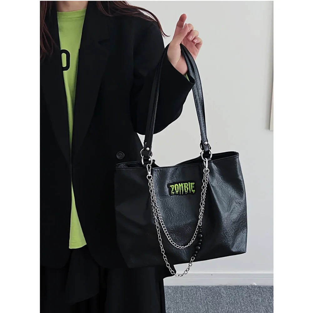 Punk Style Chains Women Shoulder Bags High Large Capacity College Student Tote B