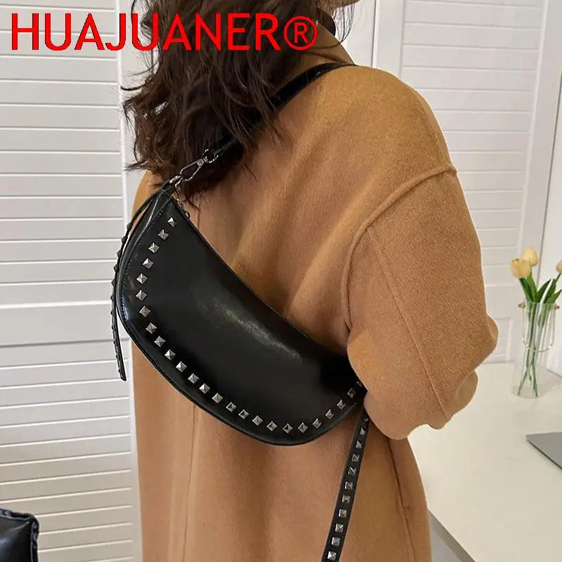 Punk Shoulder Bags For Women Rivet Handbag Vintage Crossbody Bag