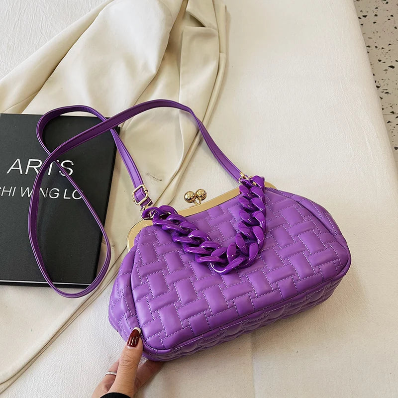 Purple Quilted Shoulder Bag Crossbody Metal Chain Clutches Cloud Purse