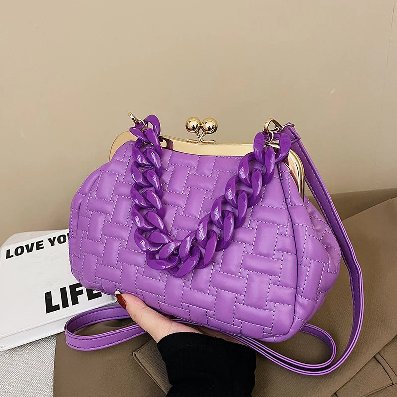 Purple Quilted Shoulder Bag Crossbody Metal Chain Clutches Cloud Purse