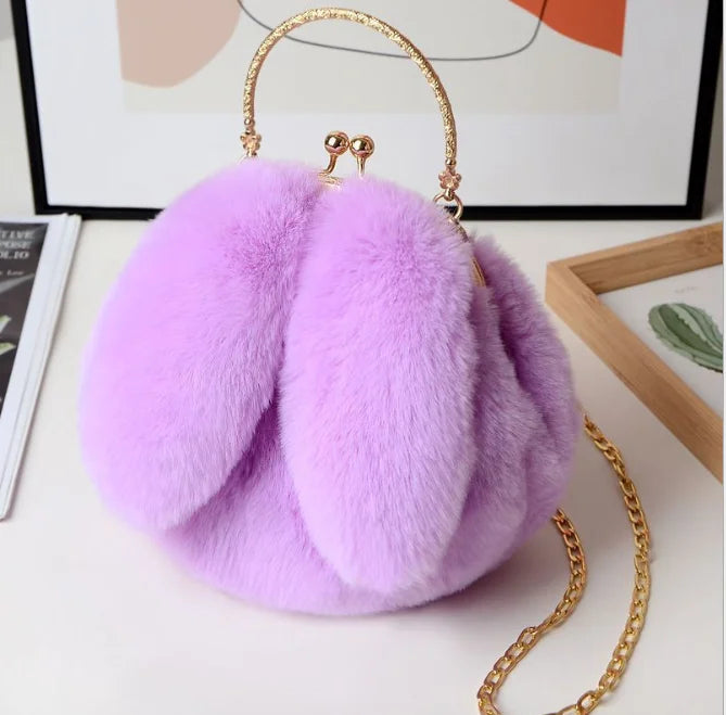 Purple Faux Fur Bag Winter Chains Rabbit-Shaped Girls Princess Furry Plush Cross