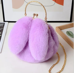 Purple Faux Fur Bag Winter Chains Rabbit-Shaped Girls Princess Furry Plush Cross
