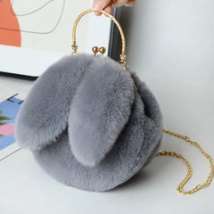 Purple Faux Fur Bag Winter Chains Rabbit-Shaped Girls Princess Furry Plush Cross