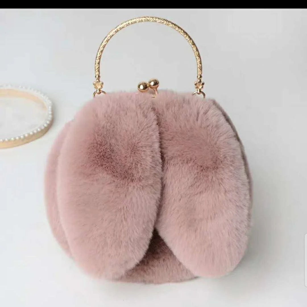 Purple Faux Fur Bag Winter Chains Rabbit-Shaped Girls Princess Furry Plush Cross