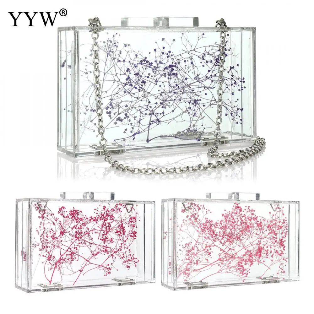 Purple Floral Transparent Shoulder Bag Acrylic Clutch Box Bag