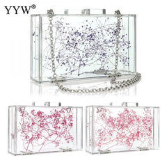 Purple Floral Transparent Shoulder Bag Acrylic Clutch Box Bag