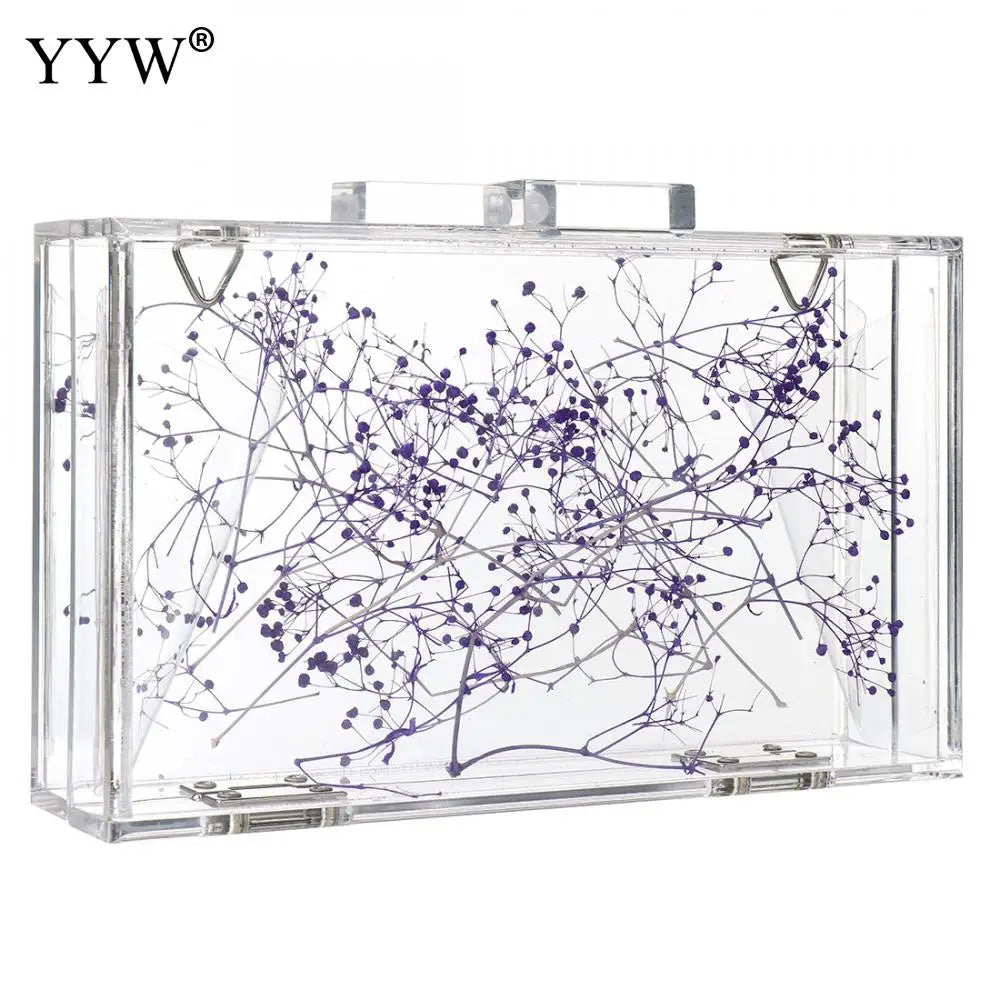 Purple Floral Transparent Shoulder Bag Acrylic Clutch Box Bag