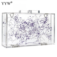 Purple Floral Transparent Shoulder Bag Acrylic Clutch Box Bag