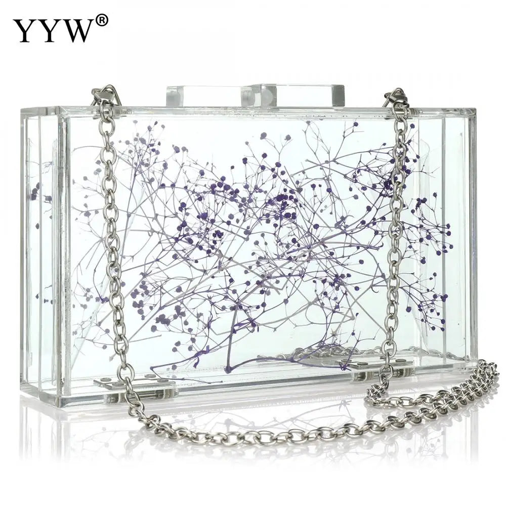 Purple Floral Transparent Shoulder Bag Acrylic Clutch Box Bag