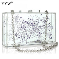 Purple Floral Transparent Shoulder Bag Acrylic Clutch Box Bag