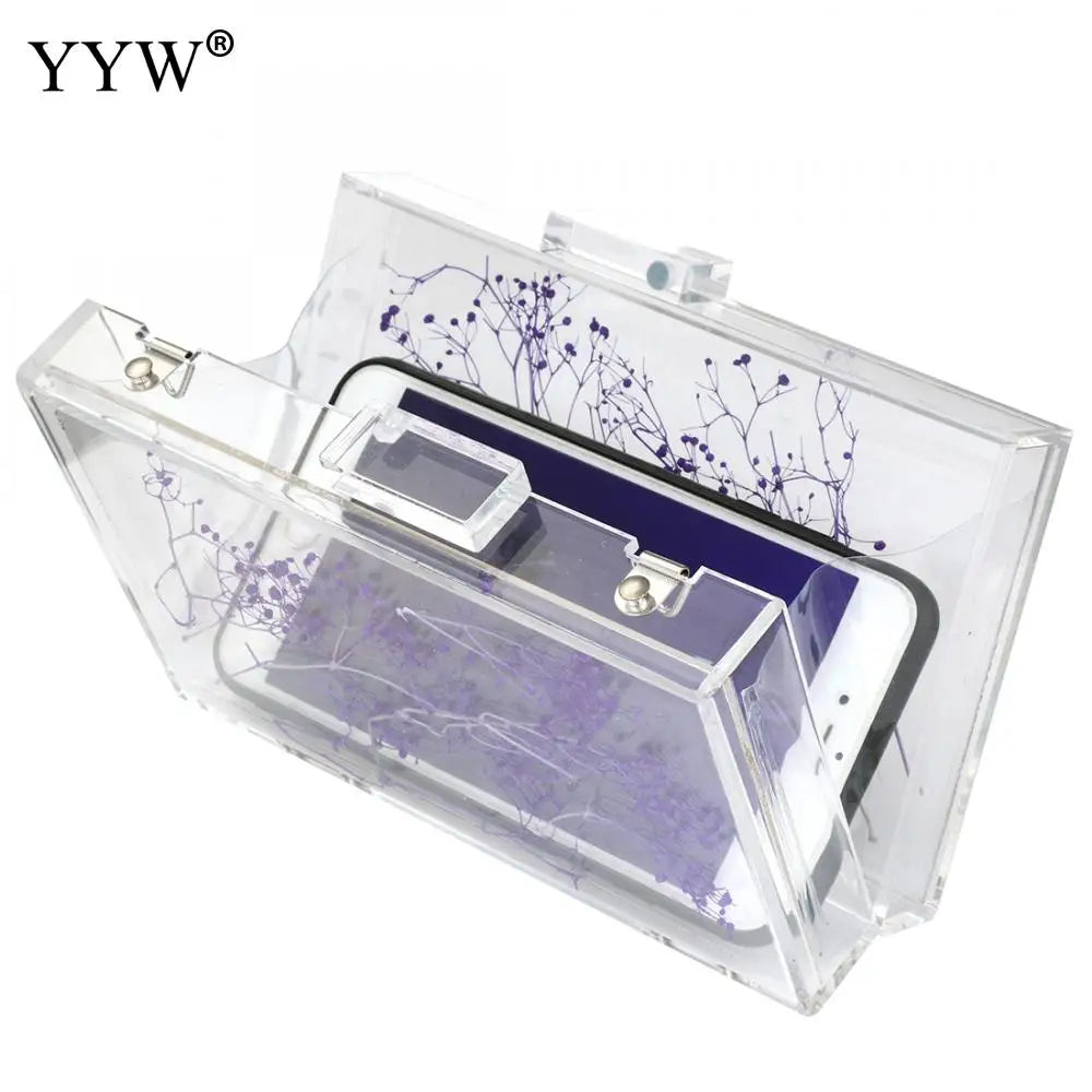 Purple Floral Transparent Shoulder Bag Acrylic Clutch Box Bag