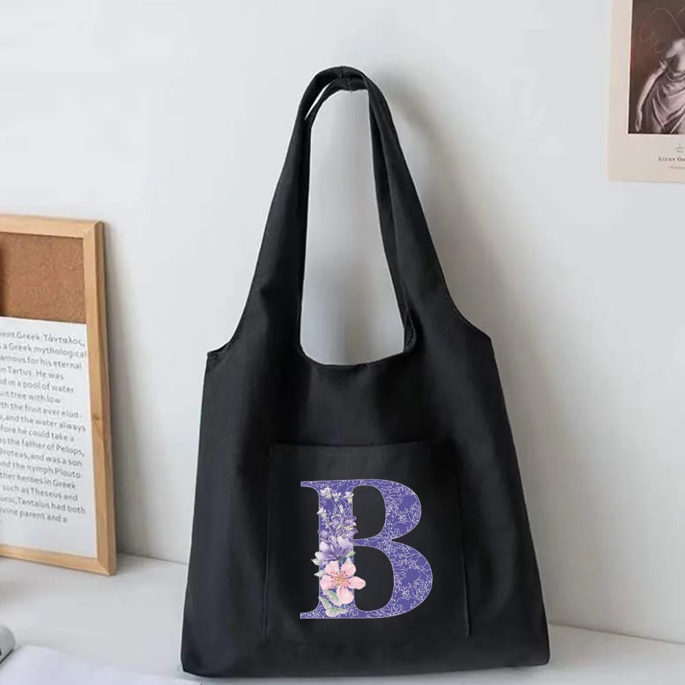 Purple Flower Print Vest Shoulder Bag Canvas Shopper Bag Tote Bags