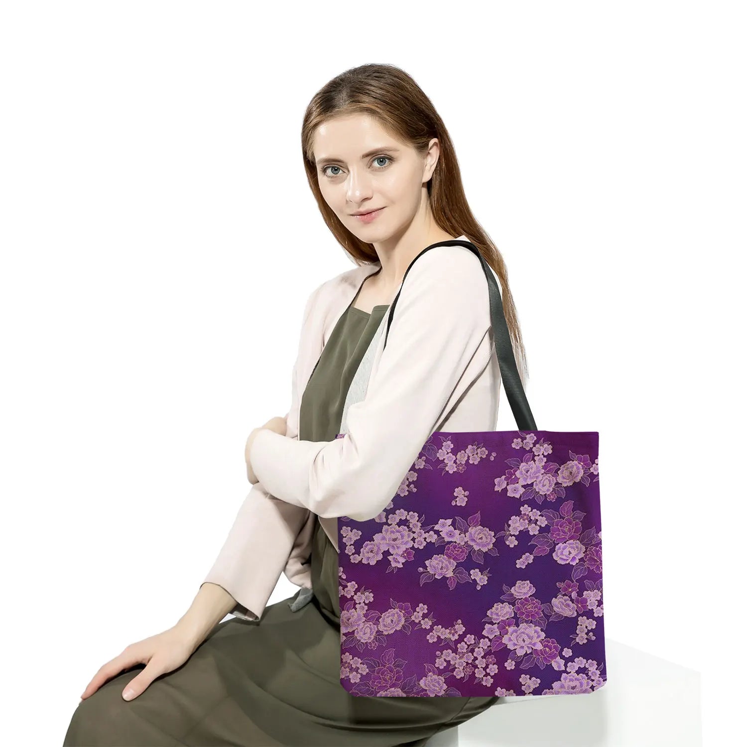 Purple Flower Print Women's Shoulder Bag Eco Reusable Handbag