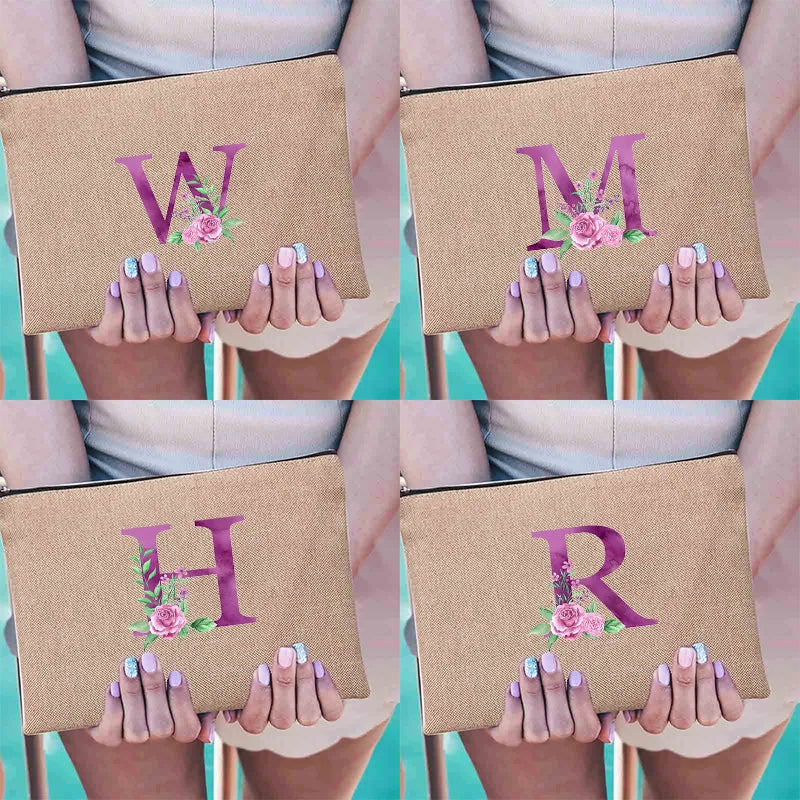 Purple Letter Print Cosmetic Bags Bridesmaid Organizer Pouch Makeup Bag