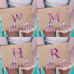 Purple Letter Print Cosmetic Bags Bridesmaid Organizer Pouch Makeup Bag