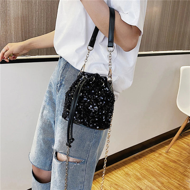 Sequin String Bucket Handbag Tote Ladies Shoulder Bag Crossbody Bags
