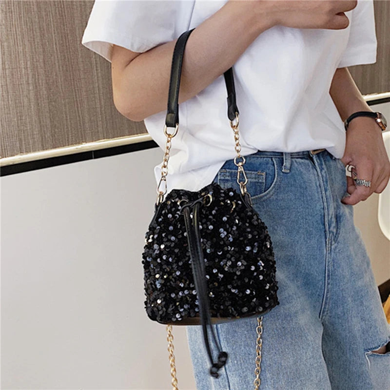 Sequin String Bucket Handbag Tote Ladies Shoulder Bag Crossbody Bags