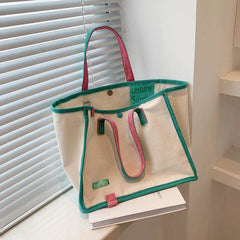 Canvas Letter Tote Bag Striped Shoulder Bag Women Handbag