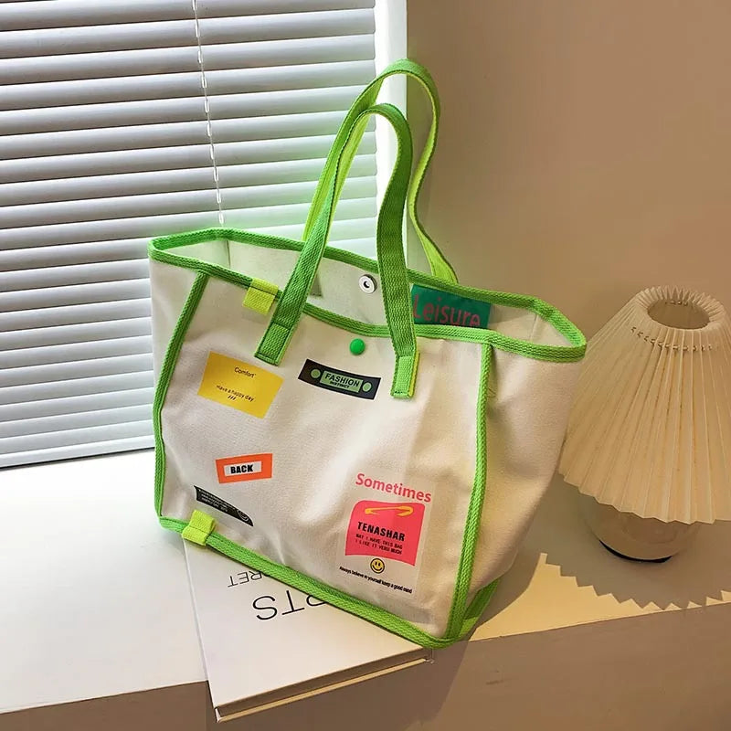 Canvas Letter Tote Bag Striped Shoulder Bag Women Handbag